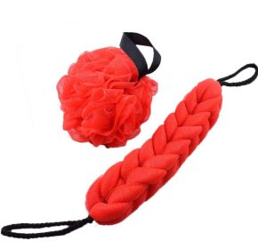 Exfoliating Bath Sponge Mesh Shower Balls & Back Scrubber Strap Red Body Bath Set - Default