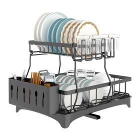 Dish Drying Rack with Drainboard Detachable 2-Tier Dish Rack Drainer Organizer Set with Utensil Holder Cup Rack Swivel Spout for Kitchen Counter - Bla