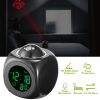 LCD Projection Alarm Clock Battery Powered with Voice Broadcast Function Snooze Temperature Display 12/24 Hour Time System - Black