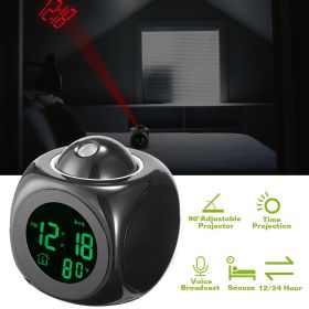 LCD Projection Alarm Clock Battery Powered with Voice Broadcast Function Snooze Temperature Display 12/24 Hour Time System - Black