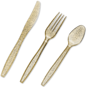 96 Pack Gold Glitter Plastic Silverware for Wedding Party Supplies, Cutlery Includes Forks, Spoons, and Knives (Serves 32) - Juvale