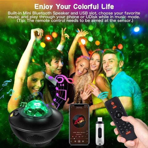 USB LED Star Night Light Music Starry Water Wave LED Projector Light Bluetooth Projector Sound-Activated Projector Light Decor - Black