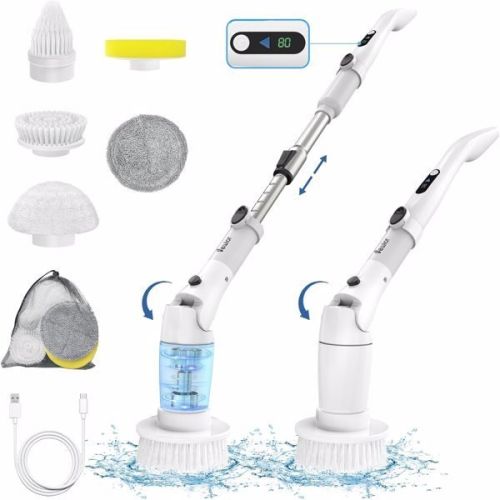 VEWIOR Electric Spin Scrubber, Cordless Cleaning Brush with Display and 3 Adjustable Angle 2 Speeds 5 Replaceable Brush Heads, Power Shower Scrubber w