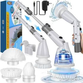 Electric Spin Scrubber, Cordless Bath Tub Power Scrubber with Long Handle & 4 Replaceable Heads, Detachable as Short Handle, Shower Cleaning Brush Hou
