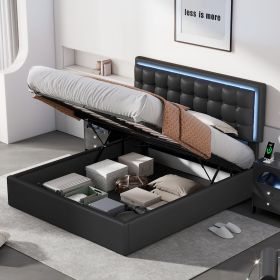 Queen Size Tufted Upholstered Platform Bed with Hydraulic Storage System,PU Storage Bed with LED Lights - Black