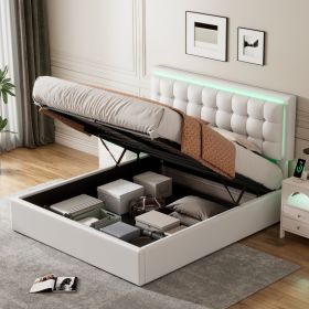 Queen Size Tufted Upholstered Platform Bed with Hydraulic Storage System,PU Storage Bed with LED Lights - White