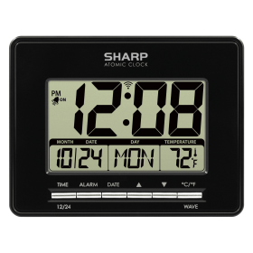 SHARP Digital Atomic Clock, Atomic Accuracy, Date, Temperature, Black Case, LCD Display - Sharp