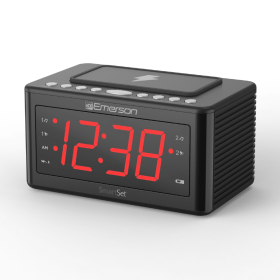 Emerson SmartSet Wireless Charging Alarm Clock Radio, 1.4' Red LED Display and Temperature Sensor, CKSW0555 - Emerson Radio