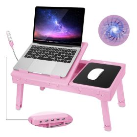 Foldable Laptop Table Bed Notebook Desk with Cooling Fan Mouse Board LED light 4 xUSB Ports Breakfast Snacking Tray  - Pink