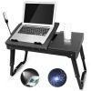 Foldable Laptop Table Bed Notebook Desk with Cooling Fan Mouse Board LED light 4 xUSB Ports Breakfast Snacking Tray  - Black