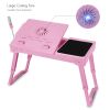 Foldable Laptop Table Bed Notebook Desk with Cooling Fan Mouse Board LED light 4 xUSB Ports Breakfast Snacking Tray  - Pink