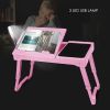 Foldable Laptop Table Bed Notebook Desk with Cooling Fan Mouse Board LED light 4 xUSB Ports Breakfast Snacking Tray  - Pink