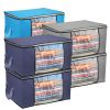 2Pcs Clothes Storage Bag 90L Large Capacity Foldable Closet Organizer w/ Thick Fabric Clear Window Dual-Zipper - NavyBlue