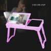 Foldable Laptop Table Bed Notebook Desk with Cooling Fan Mouse Board LED light 4 xUSB Ports Breakfast Snacking Tray  - Purple