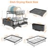 Dish Drying Rack with Drainboard Detachable 2-Tier Dish Rack Drainer Organizer Set with Utensil Holder Cup Rack Swivel Spout for Kitchen Counter - Bla