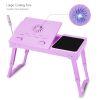 Foldable Laptop Table Bed Notebook Desk with Cooling Fan Mouse Board LED light 4 xUSB Ports Breakfast Snacking Tray  - Purple