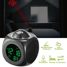 LCD Projection Alarm Clock Battery Powered with Voice Broadcast Function Snooze Temperature Display 12/24 Hour Time System (Color: Black)